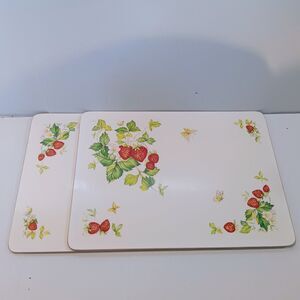 Vtg Clover Leaf Cork Backed Table Placemats-Virginia Strawberry-Set Of 2-1980s